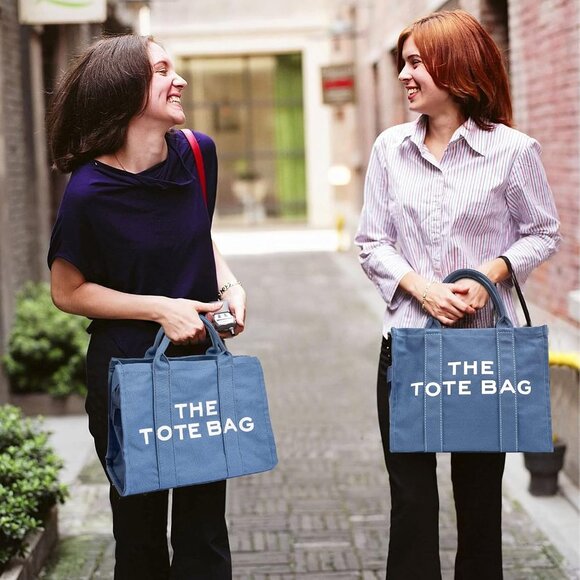 Women Blue Personalized Canvas with Zipper Top-Handle Crossbody Tote Handbag - Picture 2 of 7